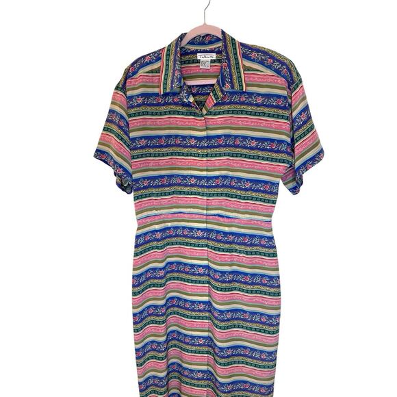 Vintage Talbots 100% Silk Button Up Dress Pink Blue Striped Floral sz 8 Bohemian - Picture 4 of 10